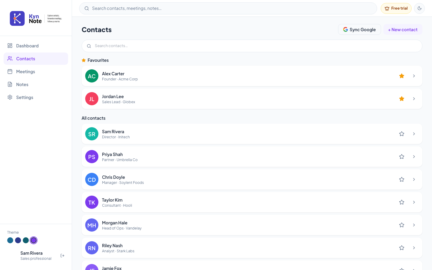 KynNote contacts list with favourites and company details