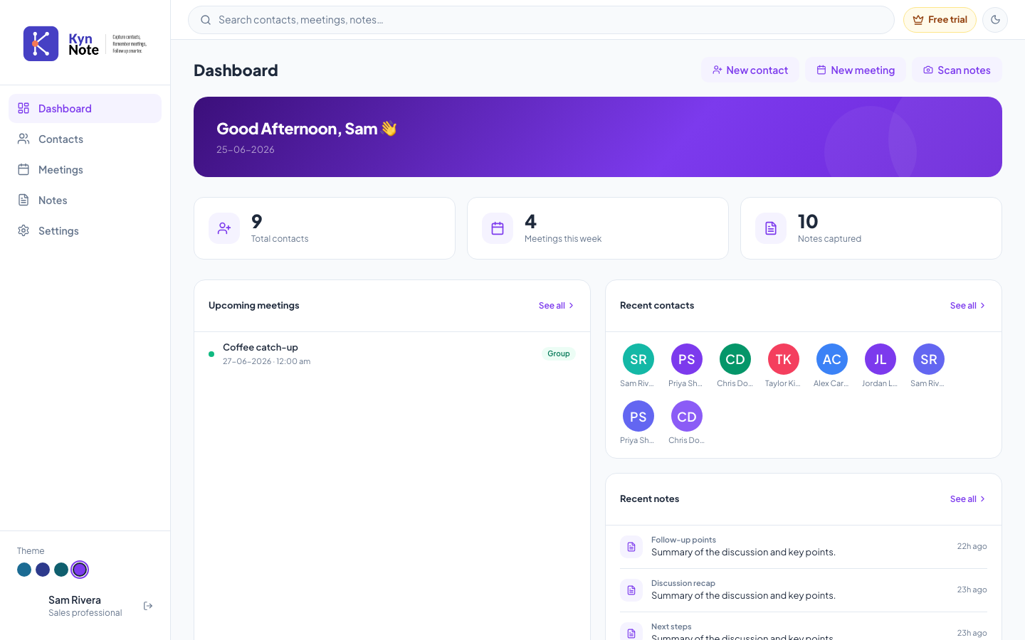 KynNote dashboard showing contacts, meetings and recent notes