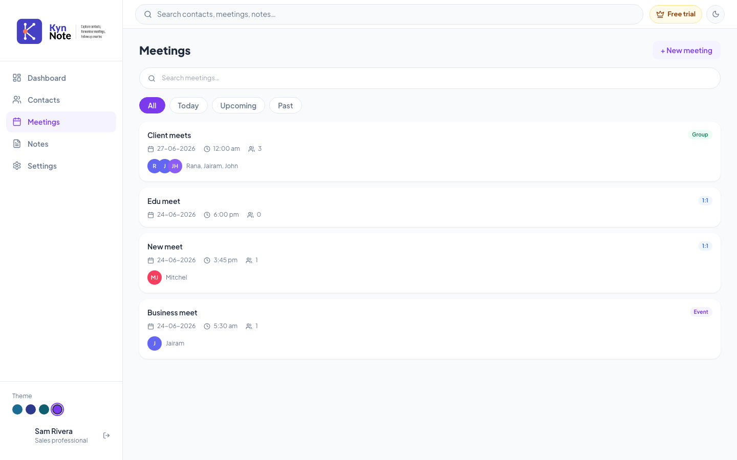 KynNote meetings list filtered by type